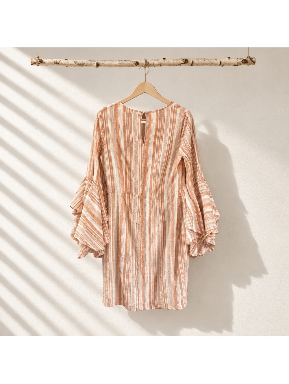 Maggy London Stripe Ruffle Sleeve Sheath Dress Apricot /White Vertical Stripe - Picture 4 of 6